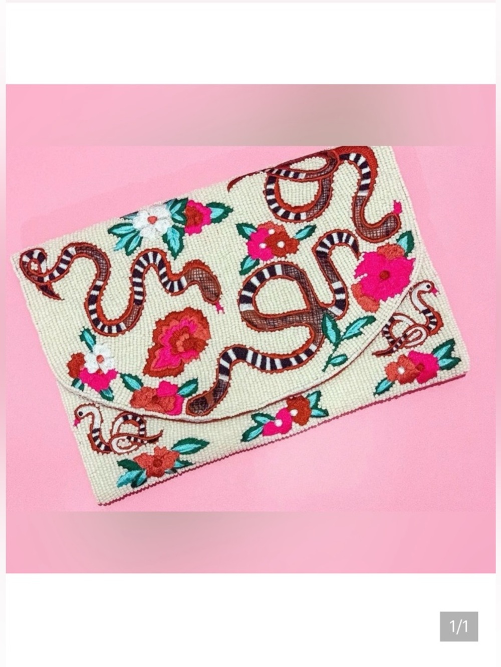 NWT Beaded Clutch/Crossbody, 11 x 7, Beaded Snake Floral Embroidered Design